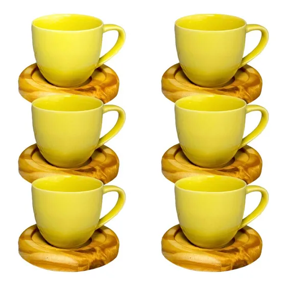 Jogo Cafe Manha Xicara Porcelana Chá 12 Peça Pires Madeira Cor Amarelo Lisa