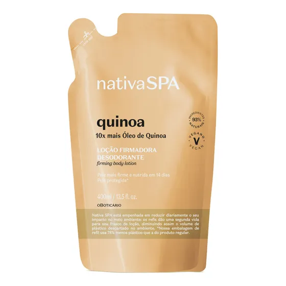 Recambio Nativa Spa Quinoa Hidratante Corporal 400ml Boticario Tipo de Envase Plástico Fragancia Quinoa Tipos de Piel Reafirmante