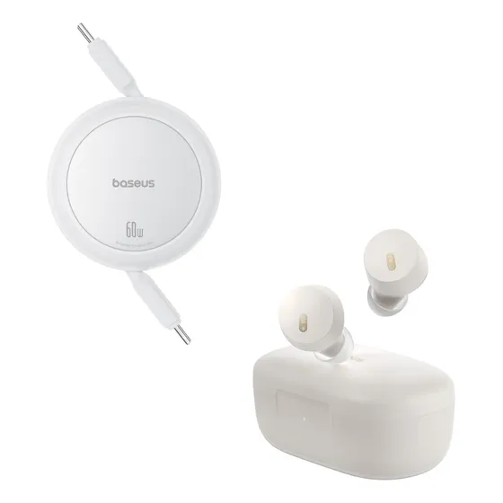 Baseus Kit Audifonos Inalámbricos Bluetooth 5.3 Bowie E18 + Cable Retractil 1 Metro Tipo C A Tipo C-tipo C 60w Color Blanco Carga Rápida Practico Compatible Android Y Apple Seguridad Y Rapidez