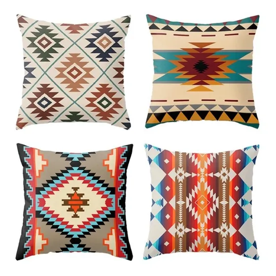 Juego De Fundas Cojín En Lino Crudo Tribal Boho Azteca 45x45 Frida Kahlo