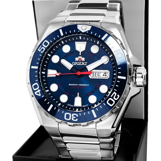 Relógio Orient Masculino Automático Diver 300m Aço F49ss035 Correia Prateado Bisel Azul Fundo Azul
