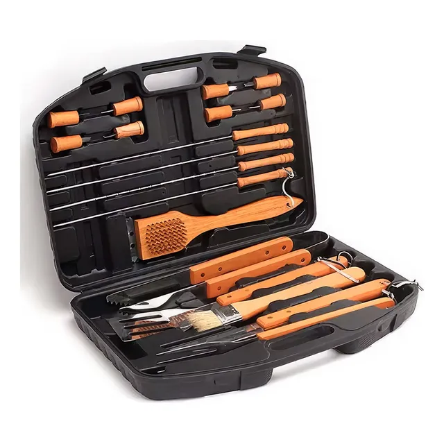 Set Asador En Madera P/parrilla 18 Piezas + Estuche Plástico
