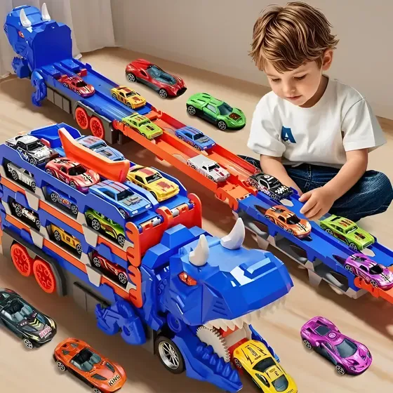 Caminhão Dinossauro Com Pista + 6 Carrinhos De Metal