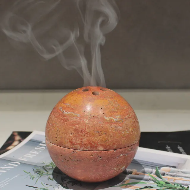 Quemador Incienso Esfera Travertino Natural Cono Marmol Mano