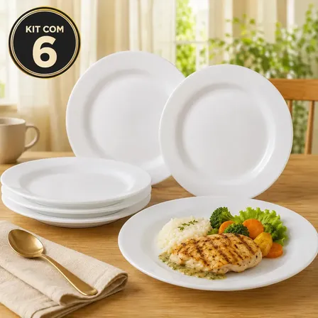Jogo Kit 6 Pratos Rasos Lisos Branco Vidro Opalino 28cm Refeição Jantar Almoço Mesa Posta Restaurante Cozinha Resistente Elegante Luxo Sólar