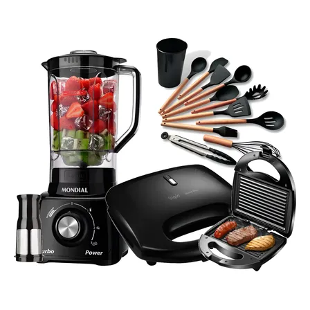 Kit Liquidificador Mondial + Sanduicheira + Jogo De Cozinha