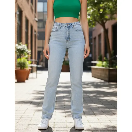 Jeans Mujer Azul Claro Cintura Alta Elástico Versátil Uso