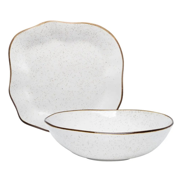 Conjunto de duas peças de louça Oxford Ryo Maresia na cor off white com acabamento salpicado e bordas onduladas
