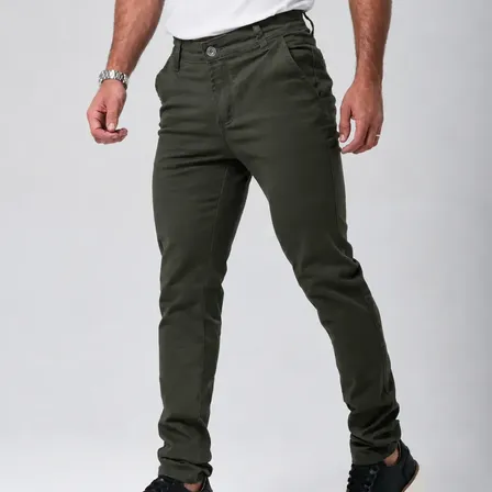 Calça Masculina Sarja Esporte Fino Bolso Faca Lycra Stillger Verde Militar Liso 48