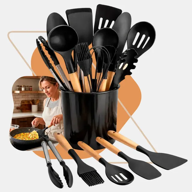 Kit 12 Utensílios Cozinha Silicone Cabo Madeira Escumadeiras Preto
