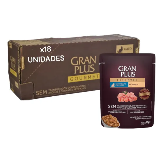 Caixa Ração Úmida Granplus Frango Gatos Castrados 18 Sachês, 85g cada