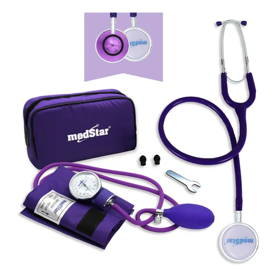 Kit Baumanómetro Aneroide Con Estetoscopio De Doble Campana Color Violeta Duplex Medstar, Brazalete De 23-32 Cm, Tamaño Estándar