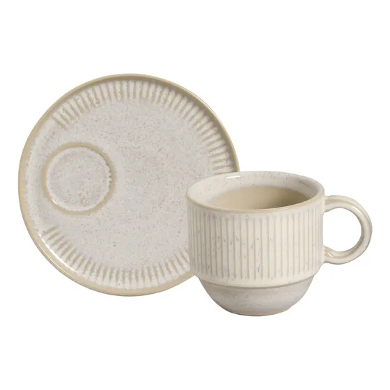 Conjunto com 6 Xícaras de Chá Empilhável com 6 Pires Linhas Latte 230ml Off-White Porto Brasil