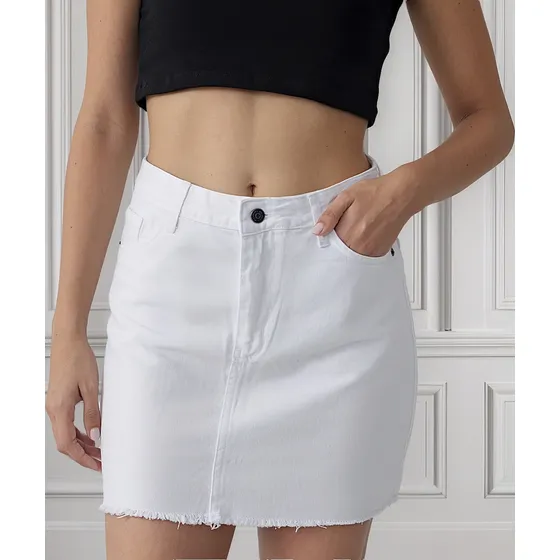 Mini Jeans Blanca Tiro Alto Sin Ruedo Mujer Rigida Denim