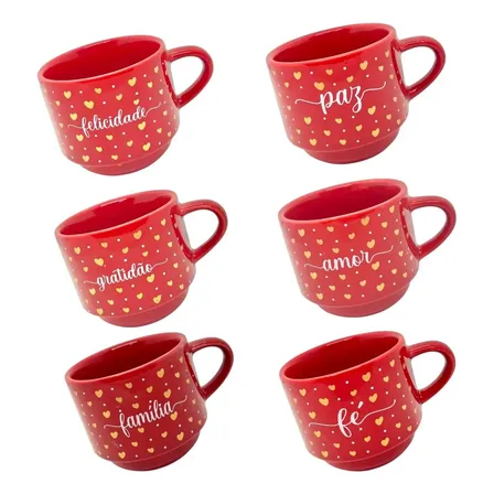 Kit 20 Xicaras Empilháveis Vermelha - Palavras Inspiradoras Vermelho Coração