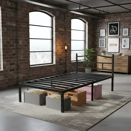 Estrutura De Cama De Metal, Solteiro,com Espaço De Armazena Preto Cama De Solteiro