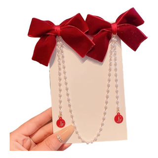 Tarjeta De Pelo De Perlas Con Lazo Rojo De Princesa Infantil Tarjeta De Pelo De Perlas Con Lazo Rojo De Princesa Infantil