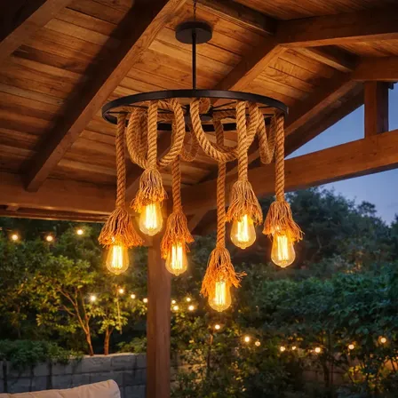 Lustre Pendente Industrial Com 6 Lâmpadas, De Corda Rústica Para Teto 127/220v Preto