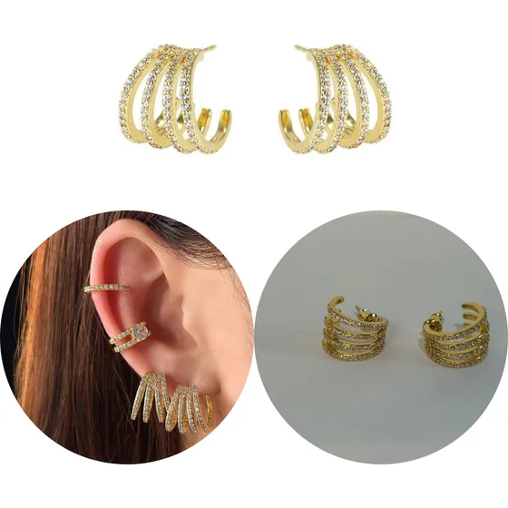 Brinco Argola Quádrupla Cravejada Banhado Ouro 18k Elegante