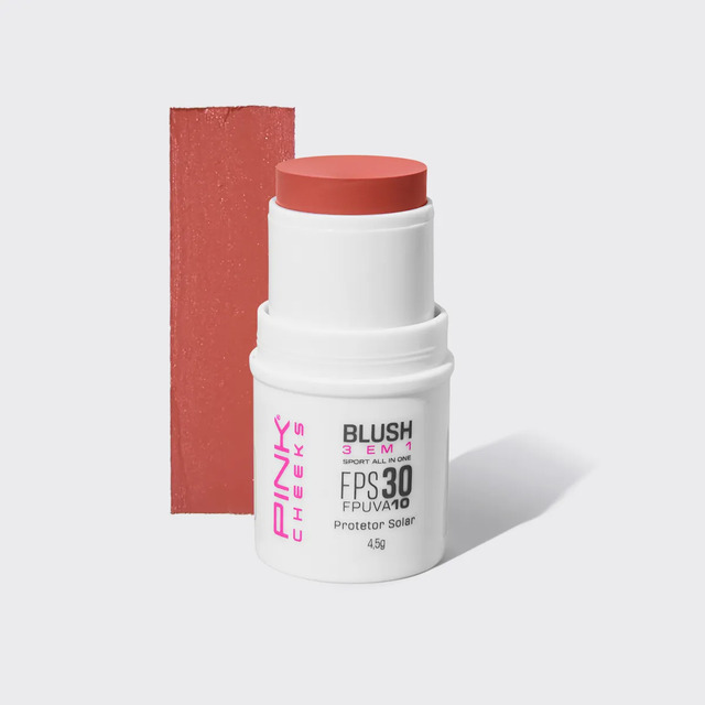 Embalagem de blush em bastão da marca Pink Cheeks na cor Soft Peach, ao lado de uma amostra da textura do produto.