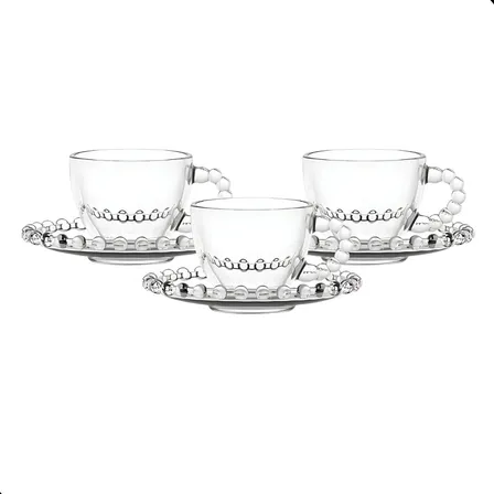 Jogo De Xícaras E Pires Em Vidro 6 Peças Café Pearl Pérola