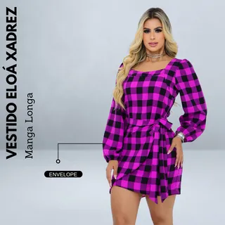 Vestido Xadrez Manga Longa Envelope Tecido Duna Feminino Vestido Xadrez Manga Longa Envelope Tecido Duna Feminino