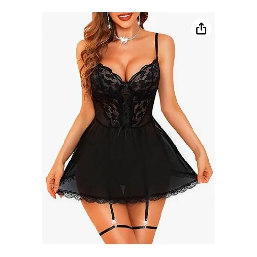 Lencería Babydoll De Encaje Con Escote V Tirantes Y Liguero