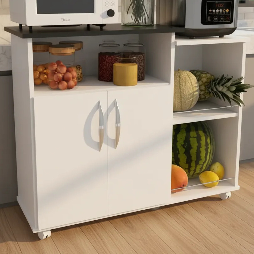 Fruteira com suporte para microondas e rodas