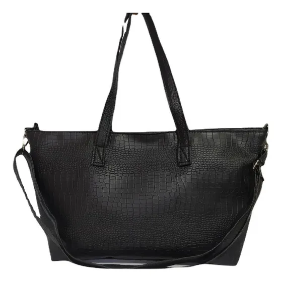 Grande Amplia Cartera Cuero Ecológico Negra Croco 