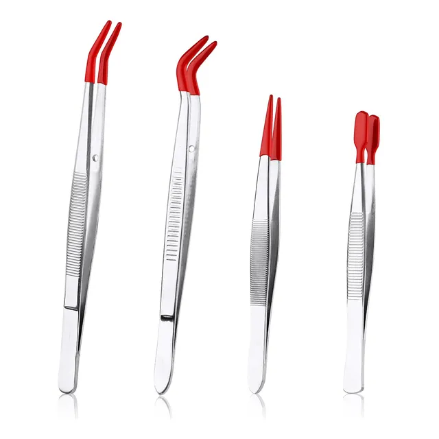 4 Pinza Acero Inoxidable Punta Curvada Recta Plana Larga