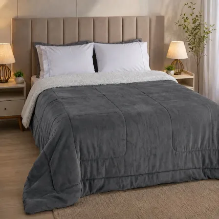 Coberdrom Casal Queen Size Sherpa Cobertor Edredom Inverno Cinza Matelado