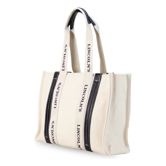 Tote Bag Combinada Asas De Mano Amplia Con Bolsillo Lincolns Color Crudo C/negro
