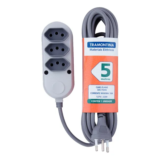 Extensao Multipla 3 Tomadas 2p+t 10a 250v Tramontina 5m Cor Cinza 127V/220V