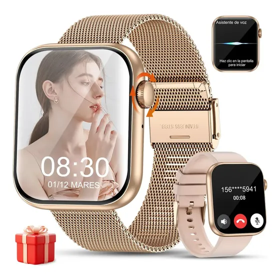 Smartwatch Reloj Inteligente Mujer 1.85" Llamada Bluetooth Asistente de Voz Deportivo Caja Dorada Correa Acero Inoxidable y Silicona