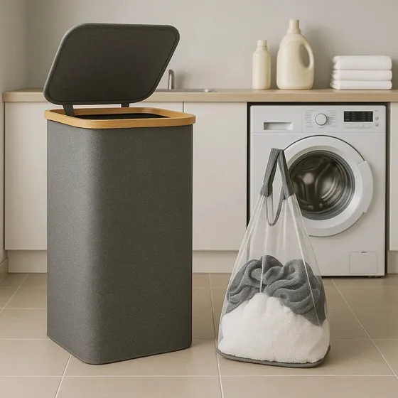 Cesto De Ropa Sucia Jazak / Con Bolsa Interna / Tapa / Con Agarraderas / Canasto Organizador Grande 69cm / Plegable / Moderno Tela Y Bambú / Resistente / Ropa Lavado / Baño / Fácil Armado