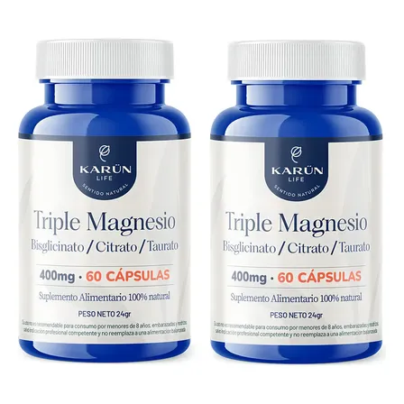 Pack X2 Triple Magnesio Bisglicinato Citrato Taurato 400mg (120 cápsulas) Relajación/Dormir Karun Life