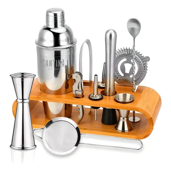 Bartender Coctelera Set Utensilios Bar Inoxidable 12 Piezas Color Bambú Natural | Cuotas sin interés