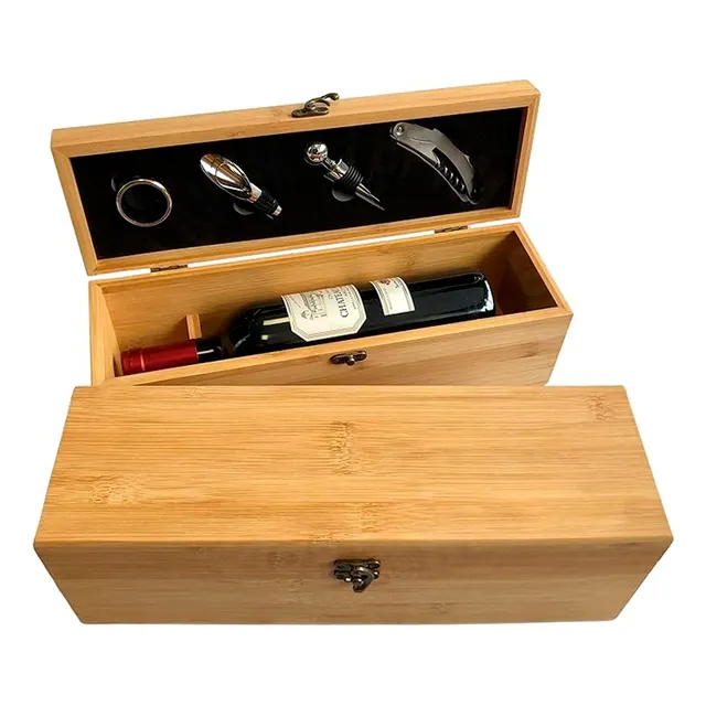 Caja De Regalo Para Vino En Bambú Con 4 Accesorios