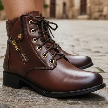 Bota Coturno Motociclista Feminina Salto Baixo Couro Eco