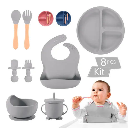 Set De Cubiertos Para Bebés Silicona Plato Antideslizante Color Gris Liso Personaje Ninguno