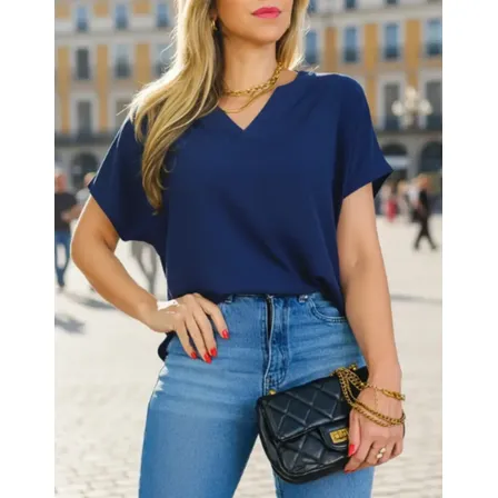 Blusa Decote V Traspassado Básica Manga Curta Social Chic