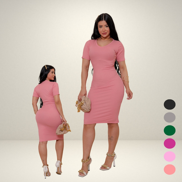 Vestido Midi Canelado Casual Basico Mulher Tubinho Elegante Vestido Midi Canelado Casual Basico Mulher Tubinho Elegante