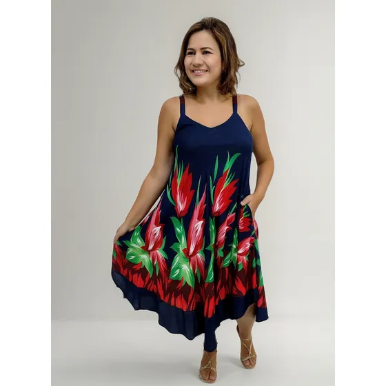 Vestido Curto Trapézio Estampado Tulipa Alça Indiano Viscose