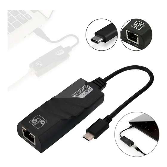 Cabo Adaptador Usb-c/type-c Para Rj45 Lan Ethernet 10/100/1000mbps Rede Externa Gigabit Smart Tools Cor Preto