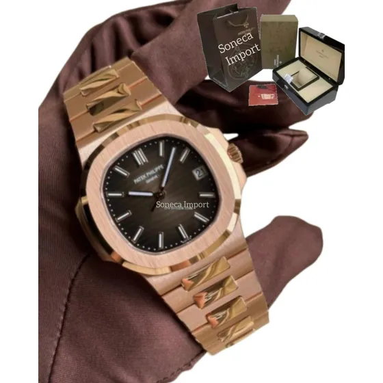 Relógio Masculino Patek Nautilus Automático Caixa Original Rose Rose Preto (Recondicionado)