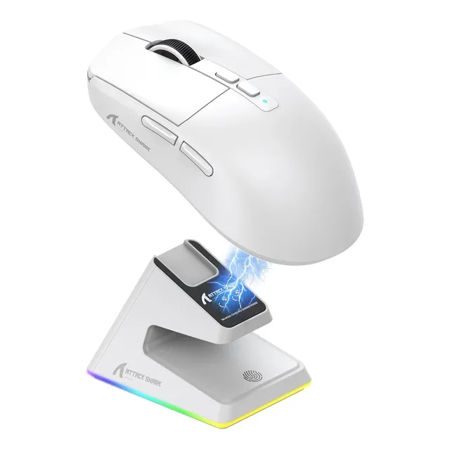 Ratón de juego inalámbrico ligero Attack Shark X6 Blanco con base de carga retroiluminada rgb 26k dpi sensor óptico paw3395 interruptor huano 5 botones programables PC/MAC