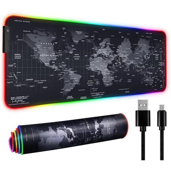 Mouse Pad Gamer Mapa Mundi Led Rgb Xl Retroiluminado Usb