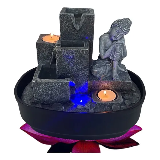 Estatua Buda Cascada Pileta De Agua Con Luz Grande 28cm Color Gris