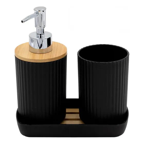 Set De 3 Accesorios Para Baño, En Abs Y Madera Color Negro