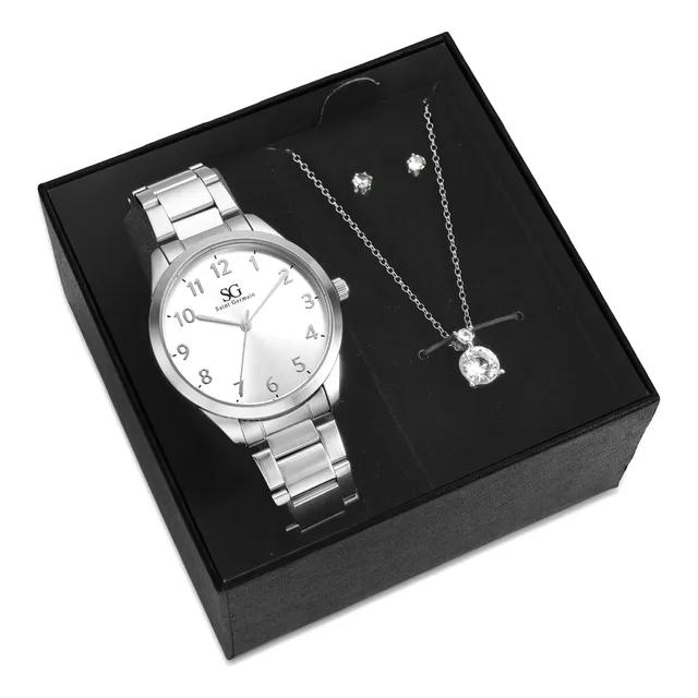 Kit Relógio Colar E Brincos Ponto De Luz Prateado Feminino Luxo Silver Saint Germain Presente Original Joias Elegante Clássico 38mm